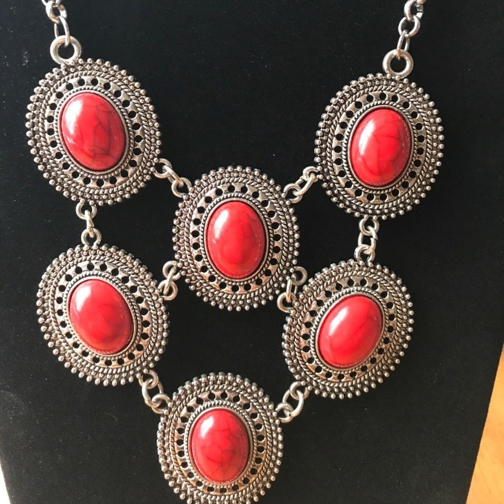Red Marbled Pendent Chunky Boho Necklace
